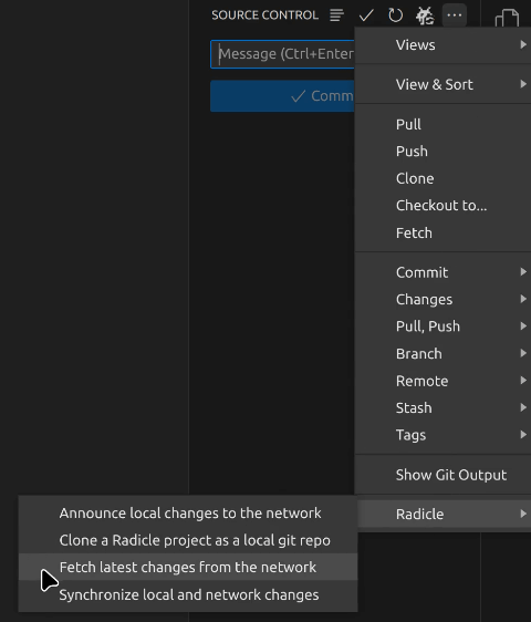 Find Radicle commands grouped as a "Radicle" submenu inside the native Source Control View's three-dot-menu