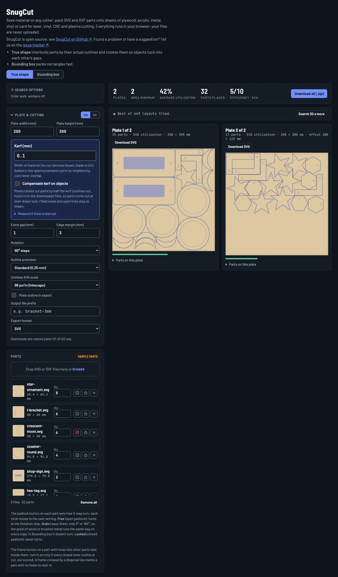 SnugCut in dark mode