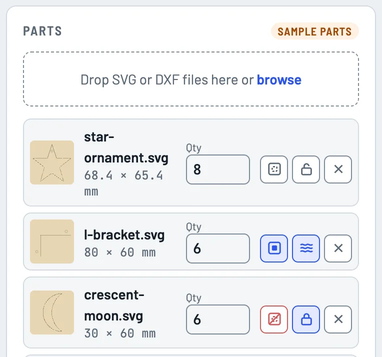 The parts list with quantities, the holes button and the orientation buttons for each sample part