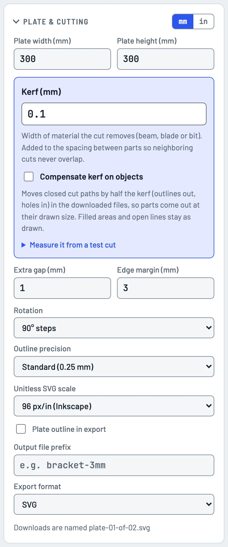 The Plate and cutting settings: plate size, kerf, spacing, margin, rotation and export format