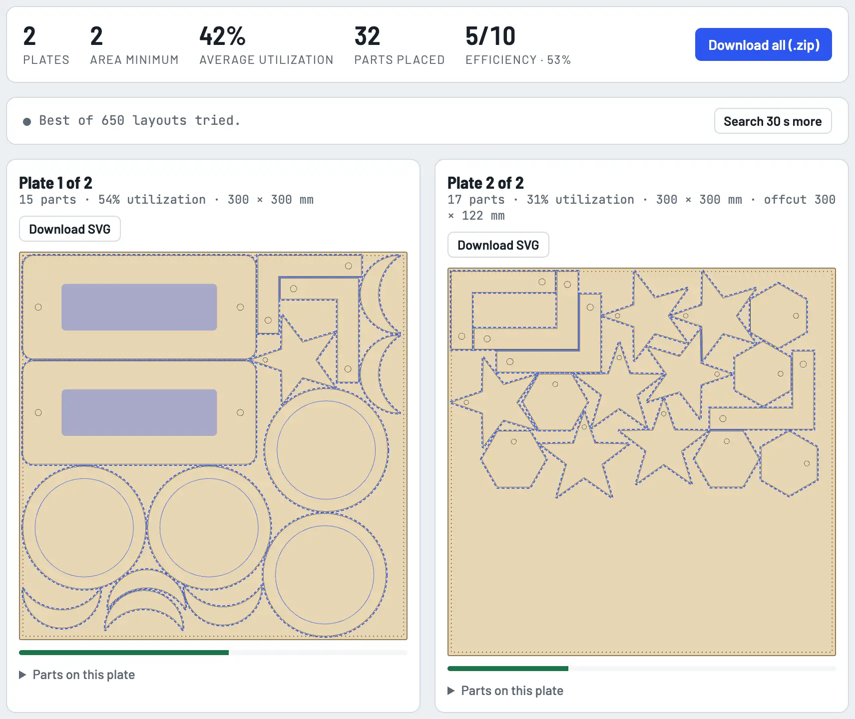 The results for the sample parts: two plates, 42% average utilization and an efficiency of 5 out of 10, with the Search 30 s more button