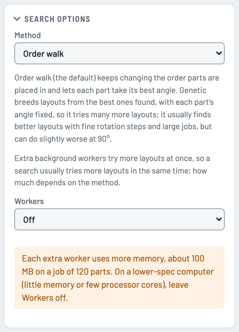 The Search Options box with the search method and worker settings