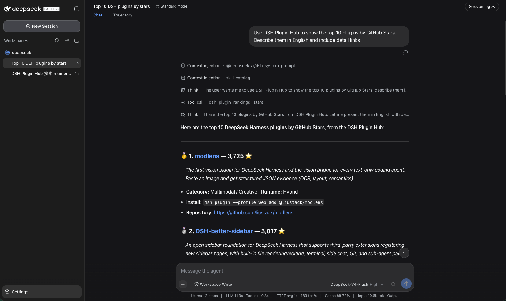 Harness conversation in dark mode showing a dsh_plugin_rankings call and Top Stars results