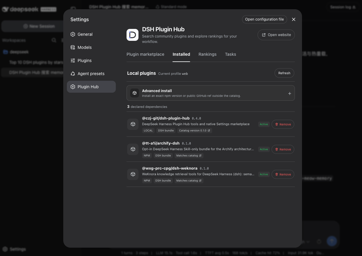 Harness Installed tab in dark mode with the current profile, local versions, sources, catalog versions, activation states, and Remove actions