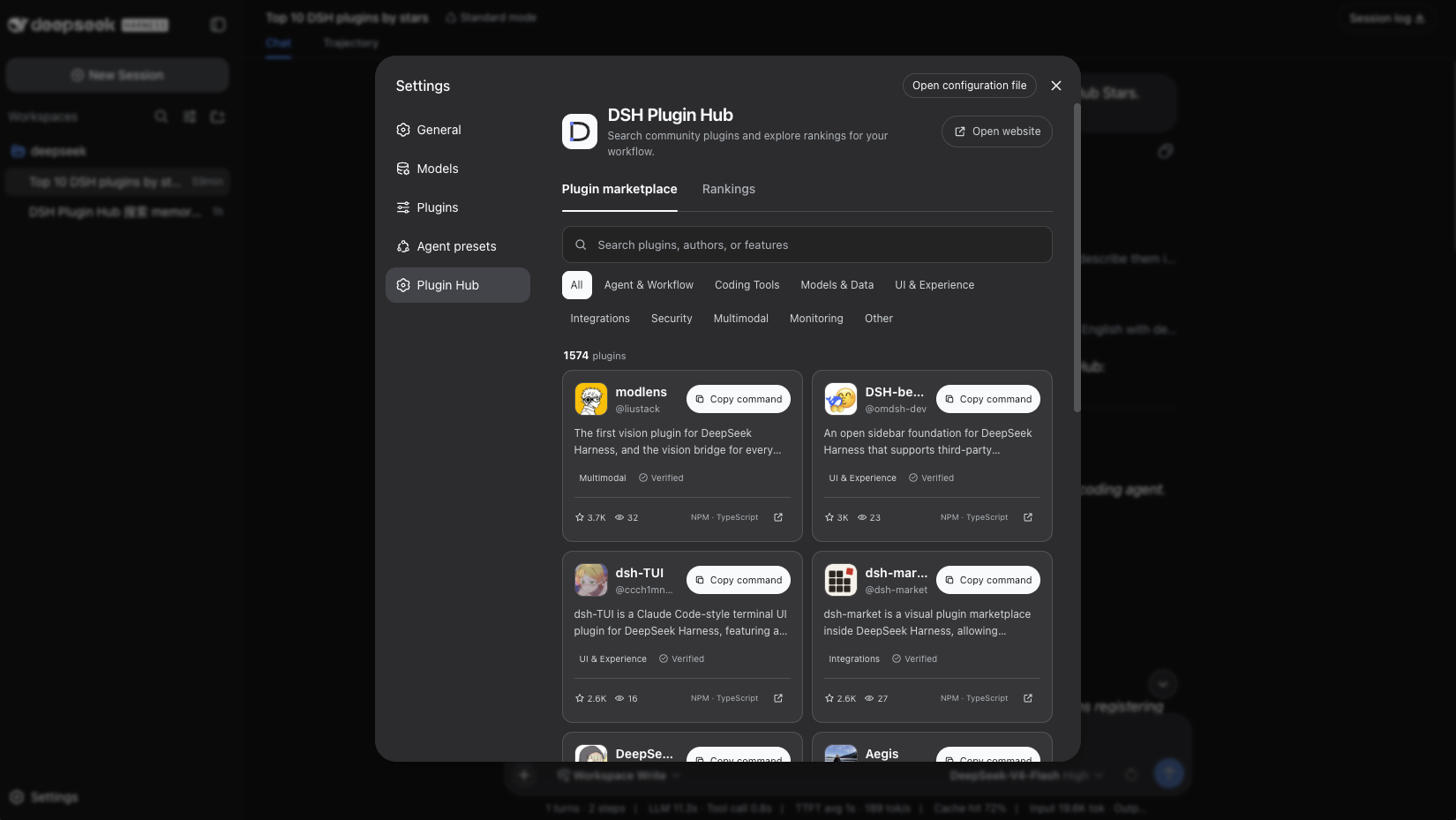 Harness Settings marketplace with search, all categories, and plugin cards