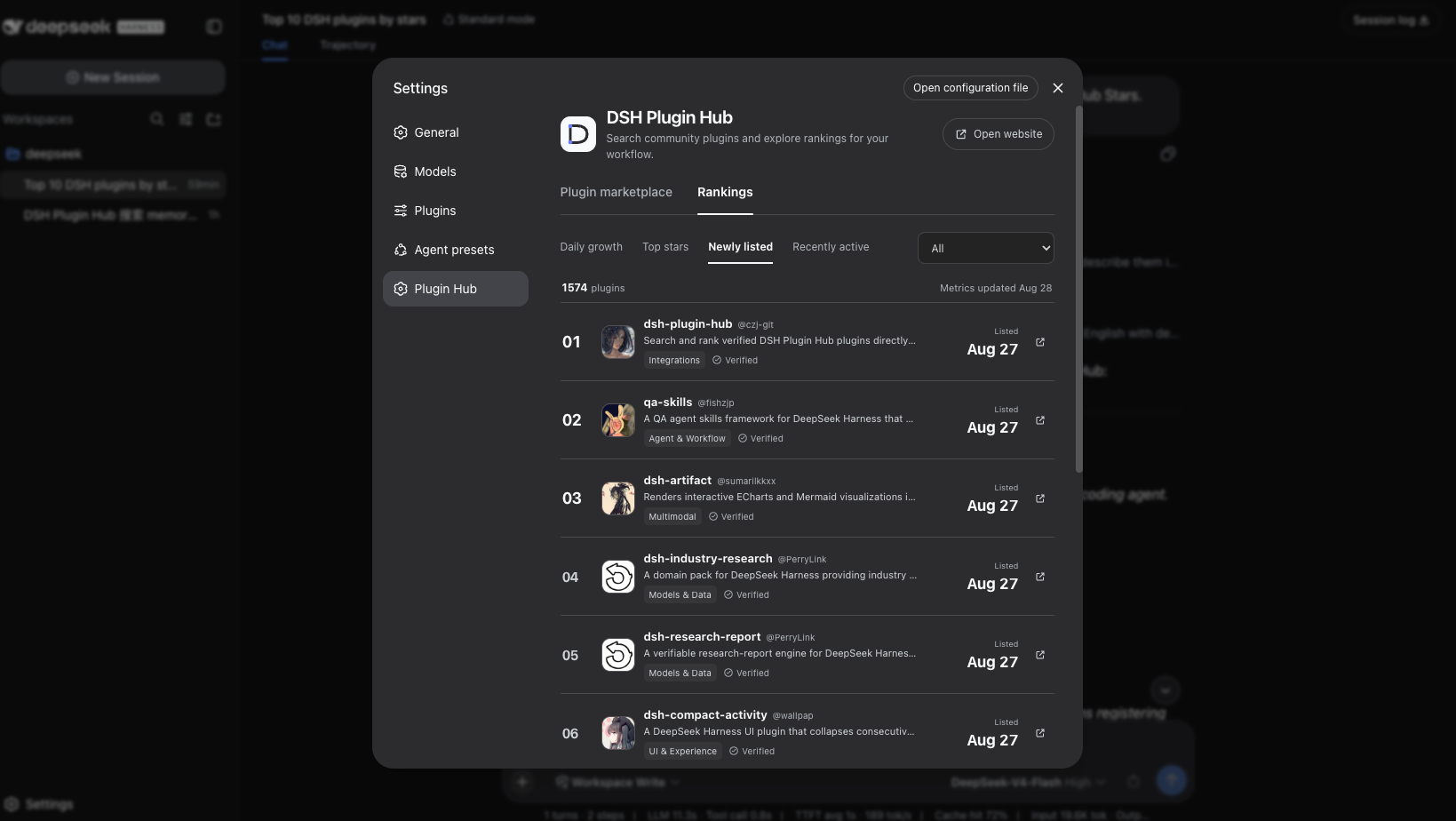 Harness Settings in dark mode showing Newly listed, category filtering, and listing dates