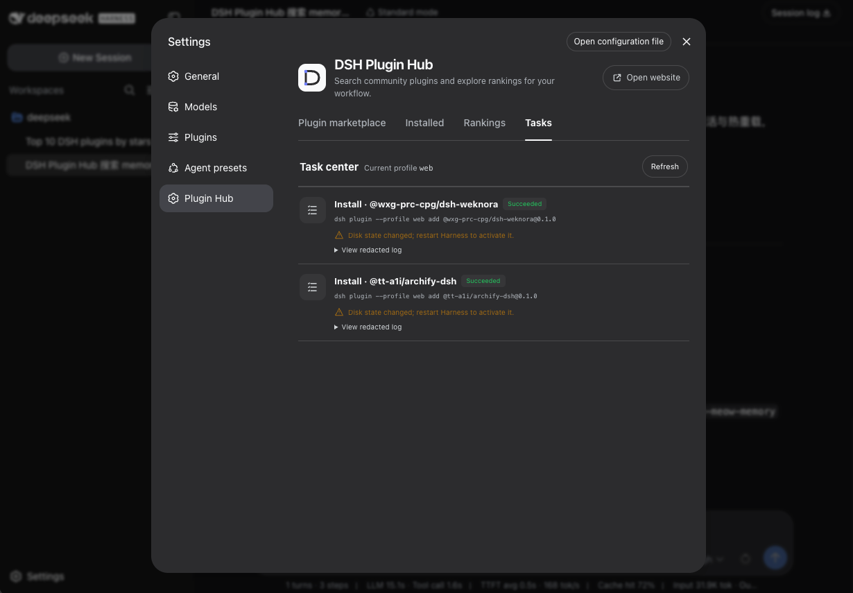 Harness Task center in dark mode with succeeded installs, pinned-version commands, restart notices, and redacted-log controls