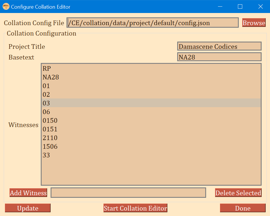 screenshot of the collation editor configuration file editor window