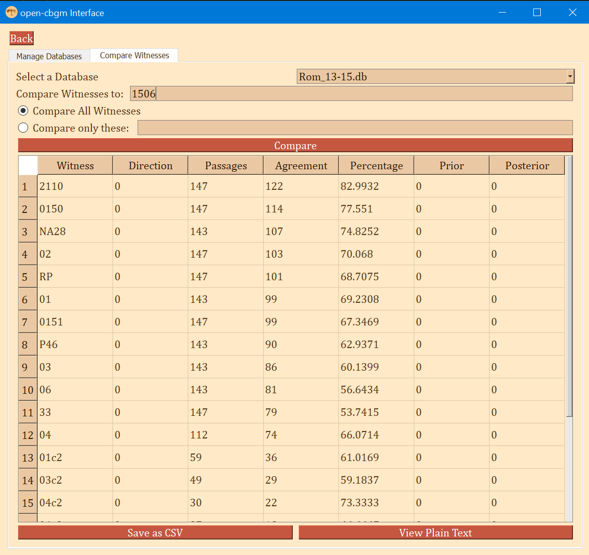 screenshot of the "Compare Witnesses" tab table filled in with collation data