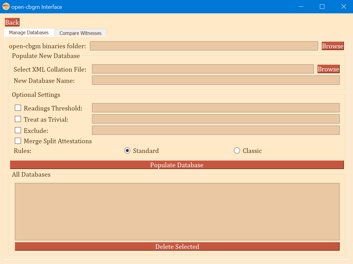 screenshot of the open-cbgm 'populate database' module