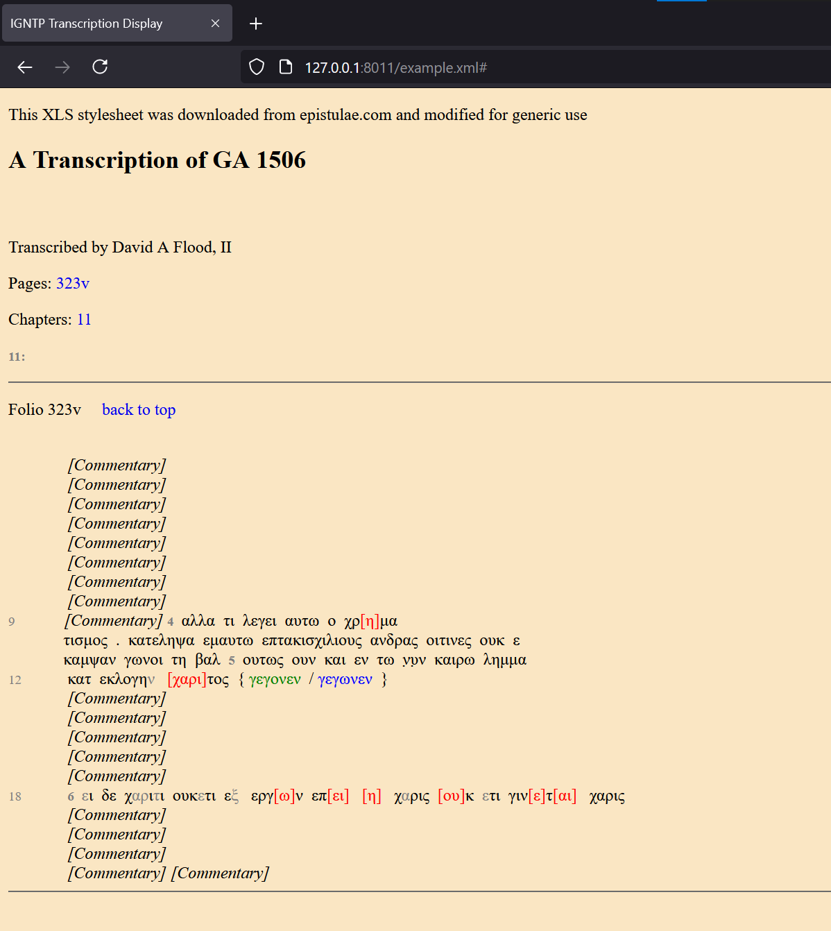 screenshot of browser viewing TEI transcription with stylesheet linked