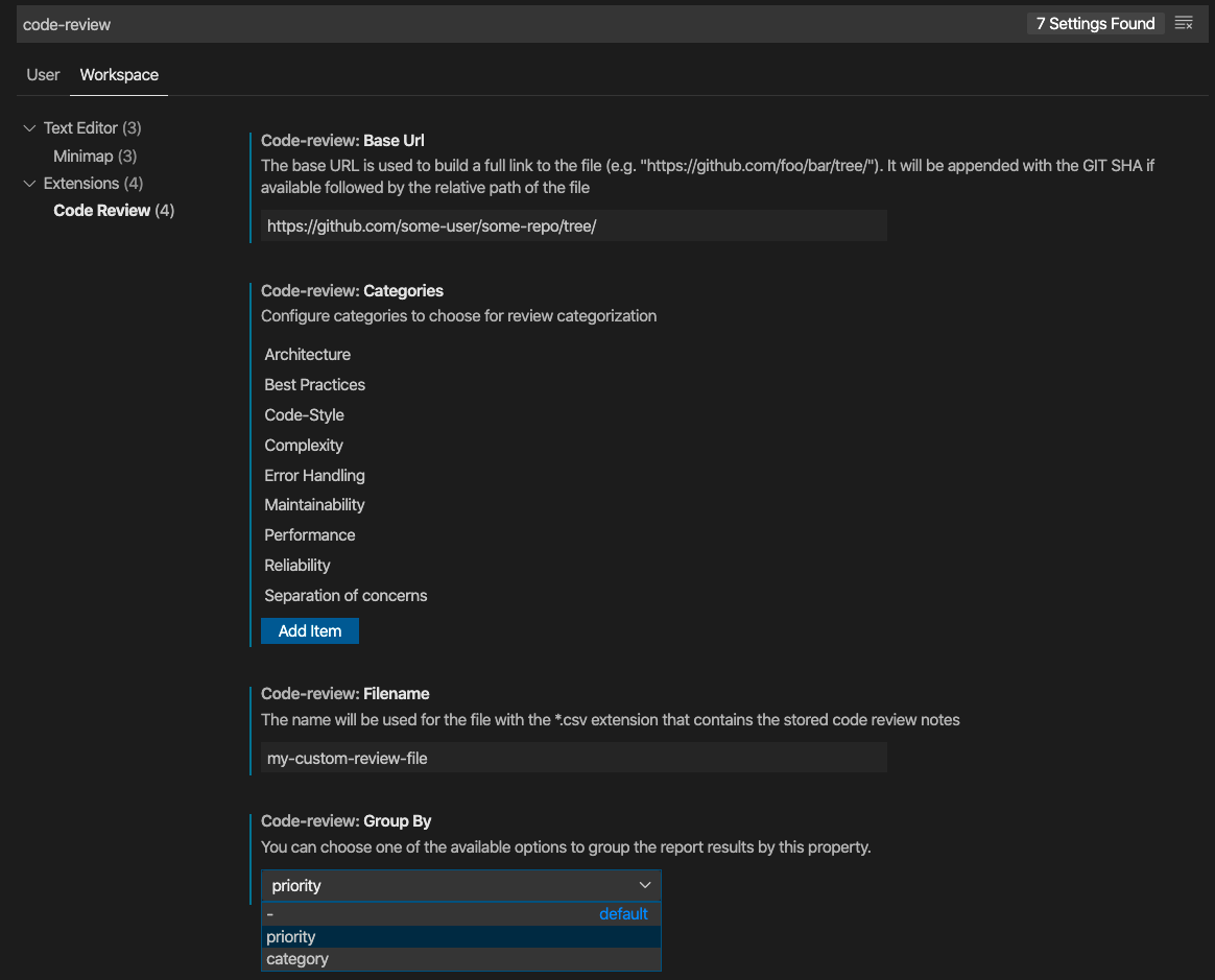 Visual Studio Code - Code Review Extension Settings