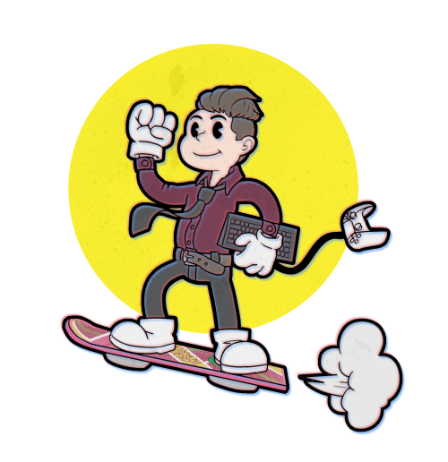 Cuphead/early cartoon style image, using chromatic abberation, of David riding a hoverboard while holding a keyboard and a video game controller