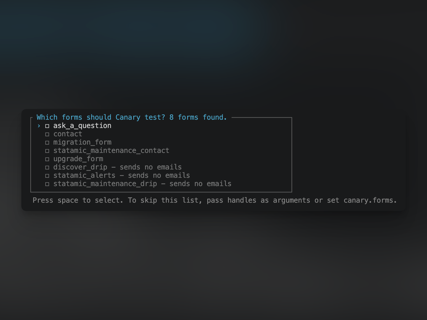 Canary's form picker listing a site's forms, with the forms that send no emails at the bottom