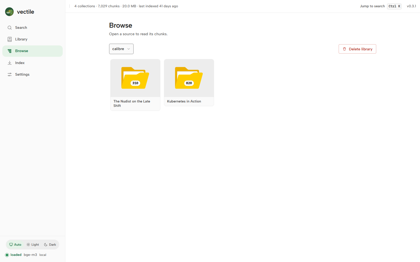 Browse view: a paged chunk stream grouped by file, with a preview pane