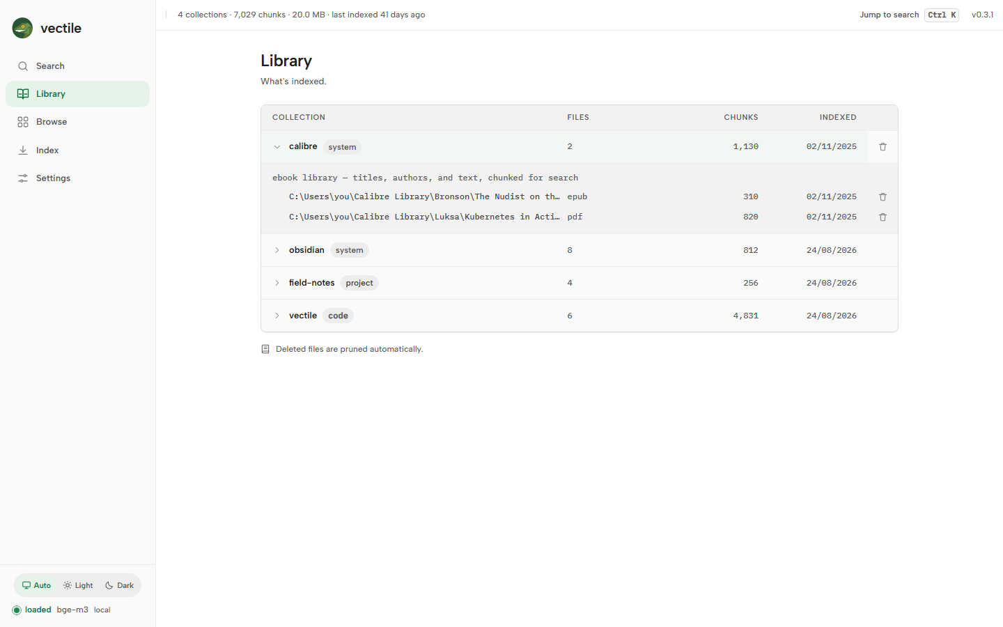 Library view: collections with sources and chunk counts