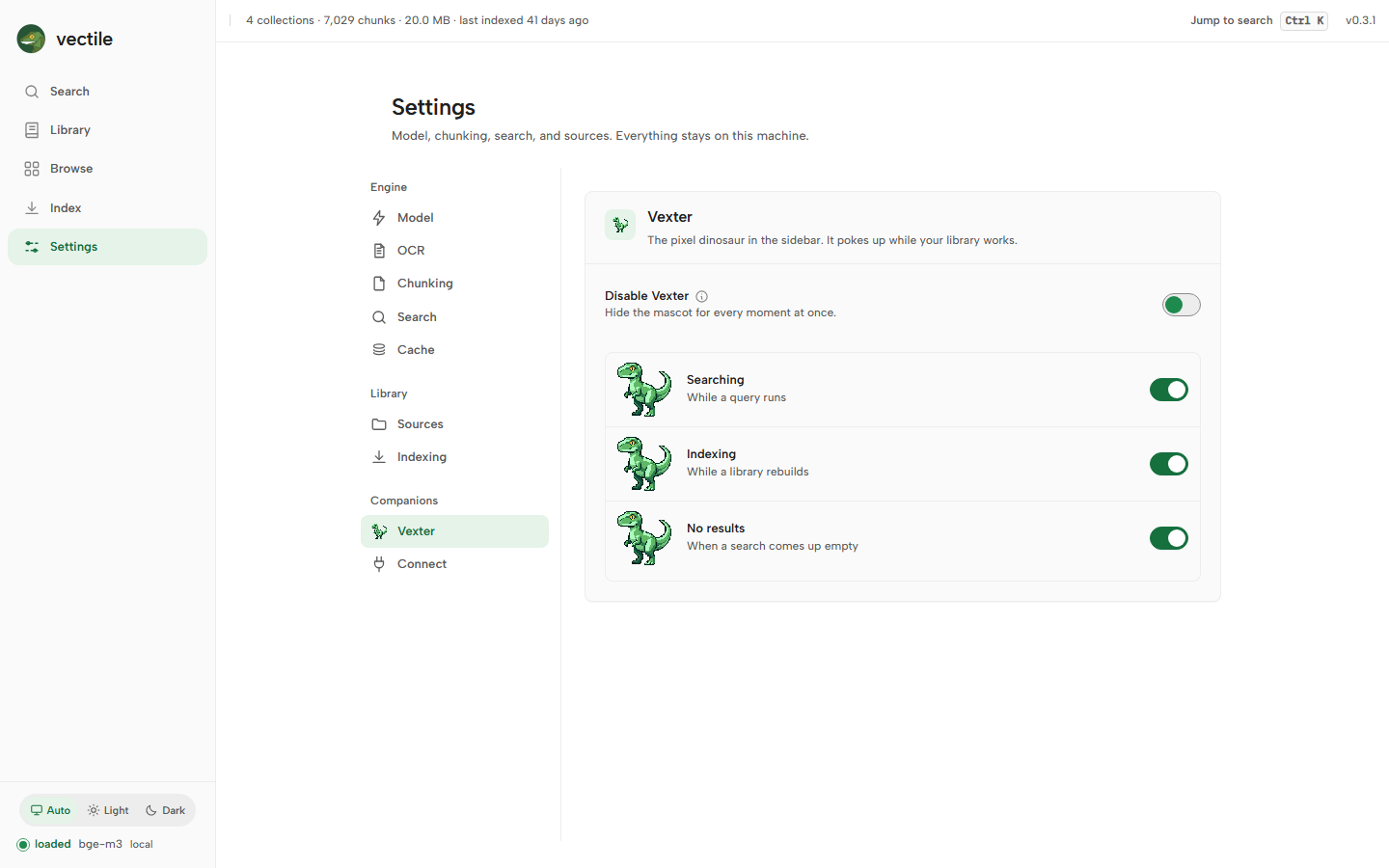 Settings → Vexter: show the sidebar mascot while searching, indexing, or on no results