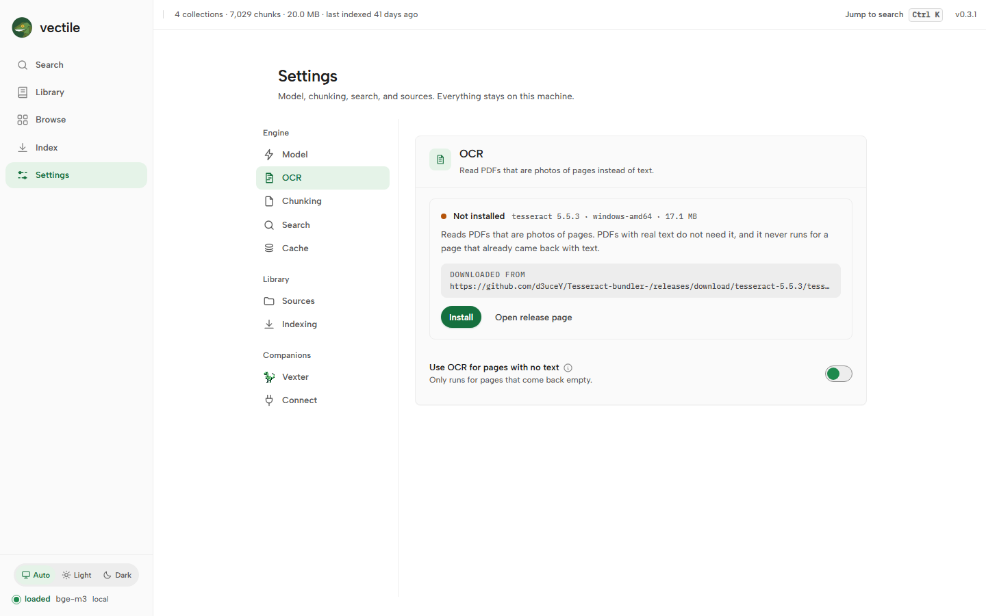 Settings → OCR: plugin status, where it downloads from, an Install button, and a switch for using OCR on pages with no text