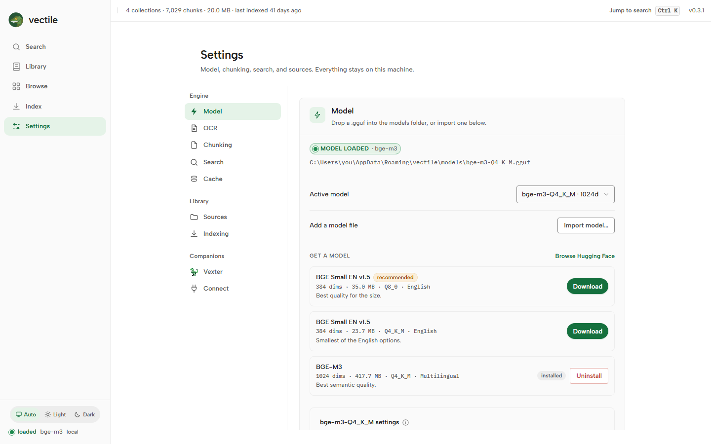 Settings view: download an embedding model, chunking, and search options