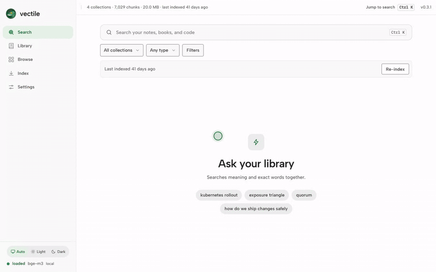 vectile demo: a search that ranks by meaning, then the Library, a source opened to read one of its chunks in Browse, and a live indexing run