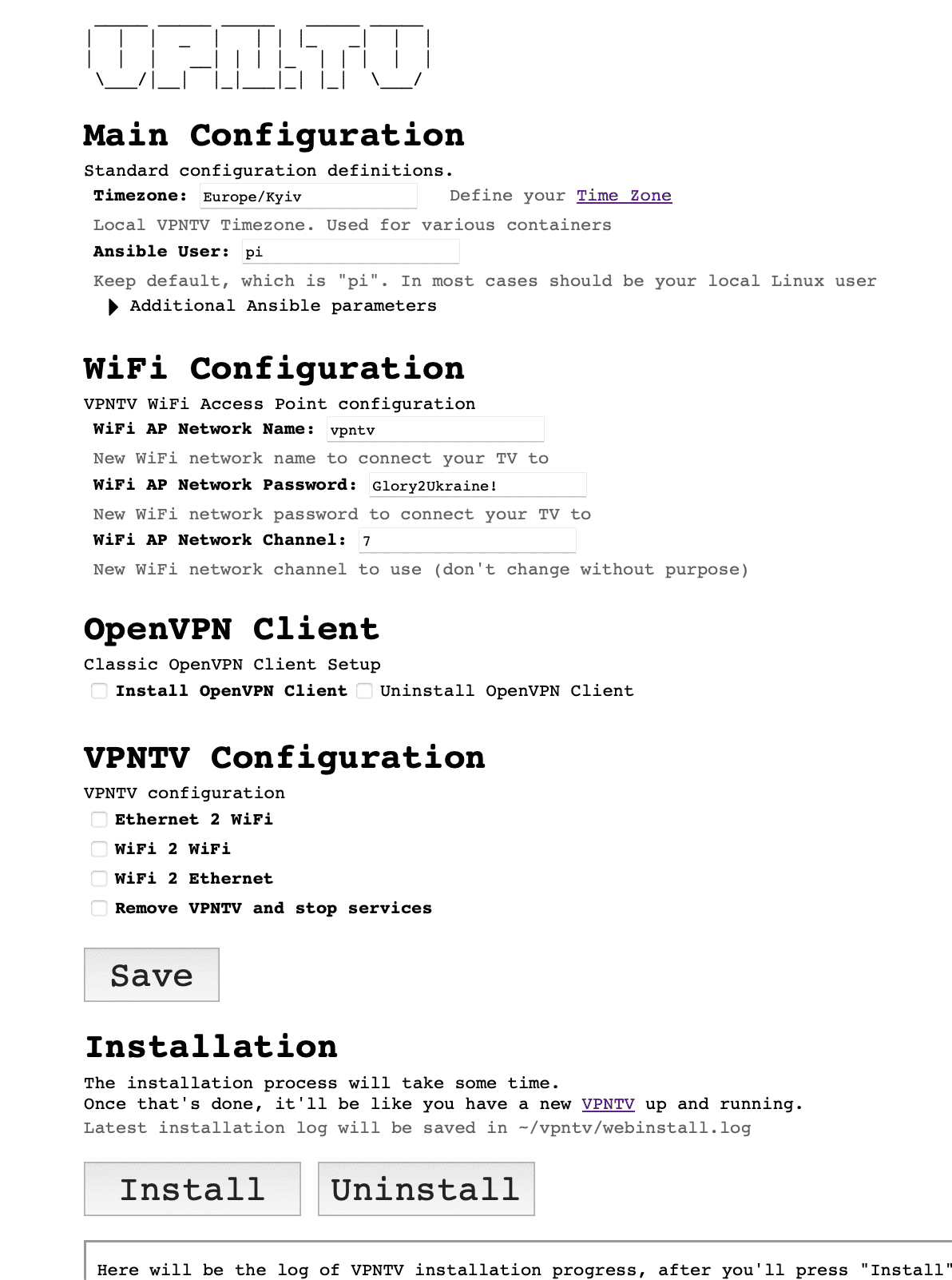 VPNTV webconfig main page