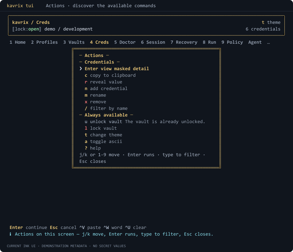 Current Actions palette — credential commands and availability explanations