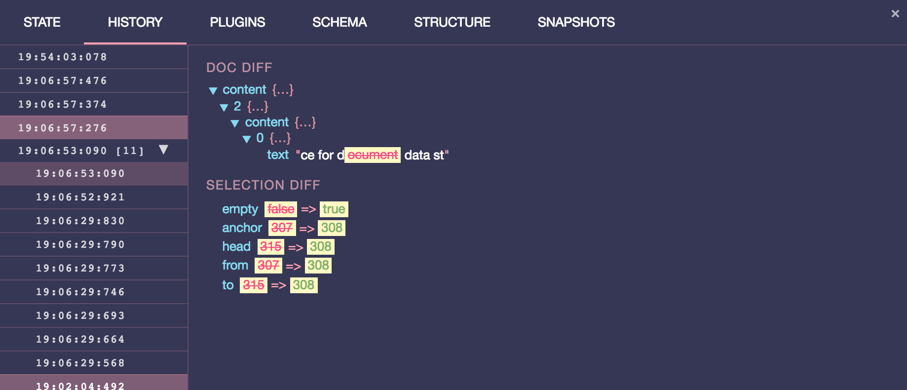 prosemirror-dev-tools history tab