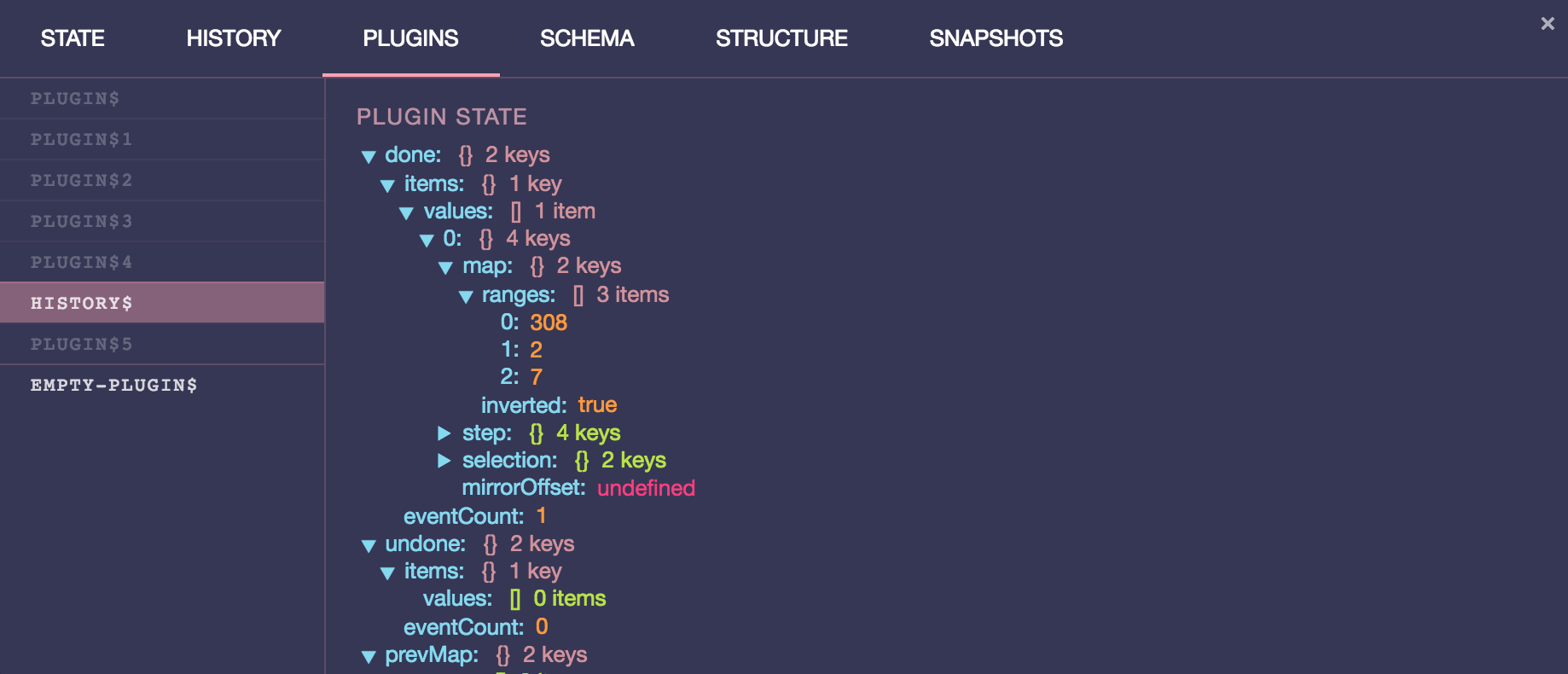 prosemirror-dev-tools plugins tab