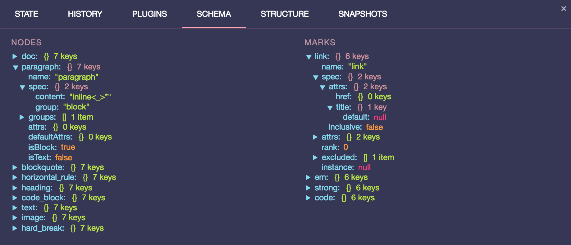 prosemirror-dev-tools schema tab