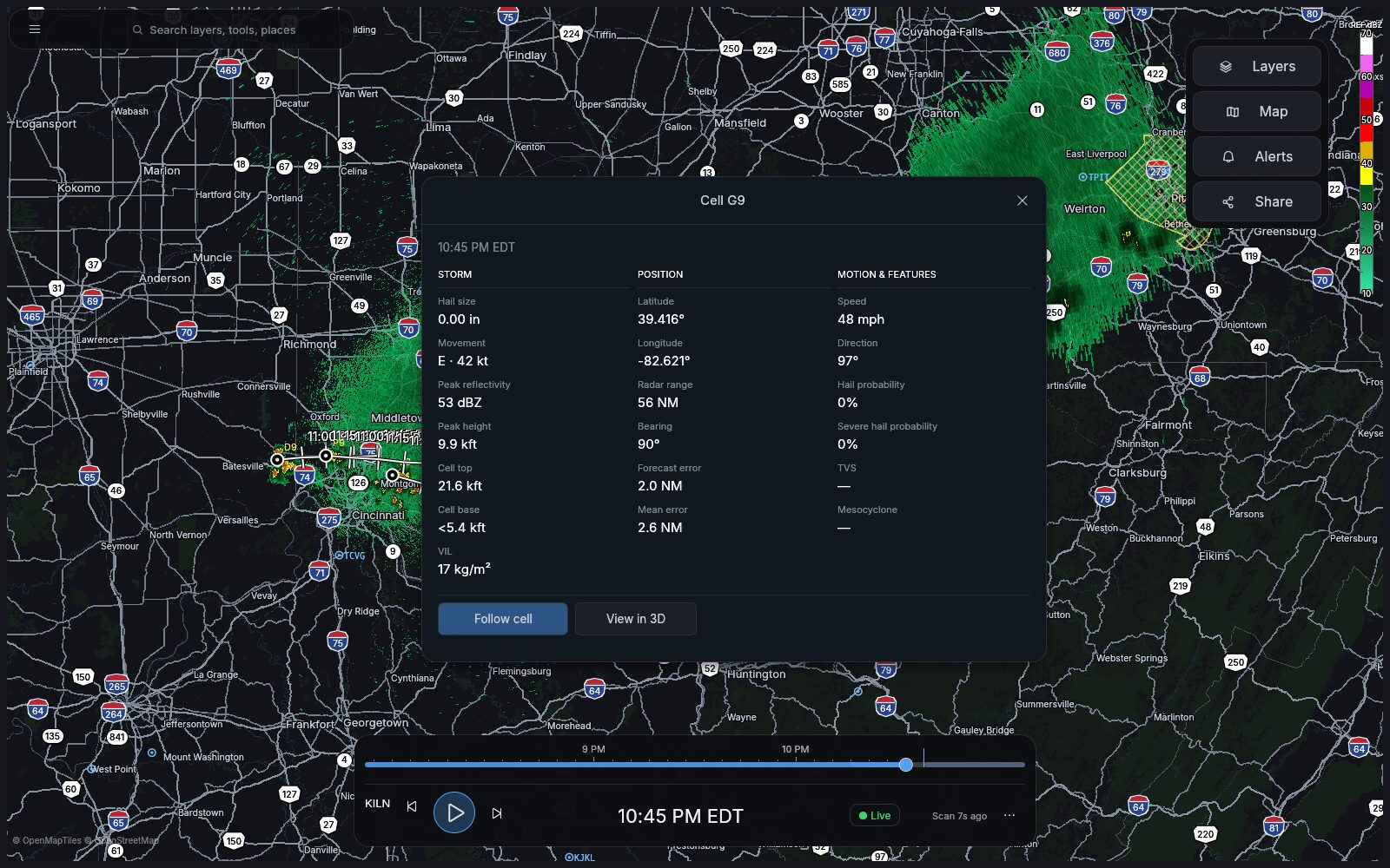 Selected storm cell with all attributes visible