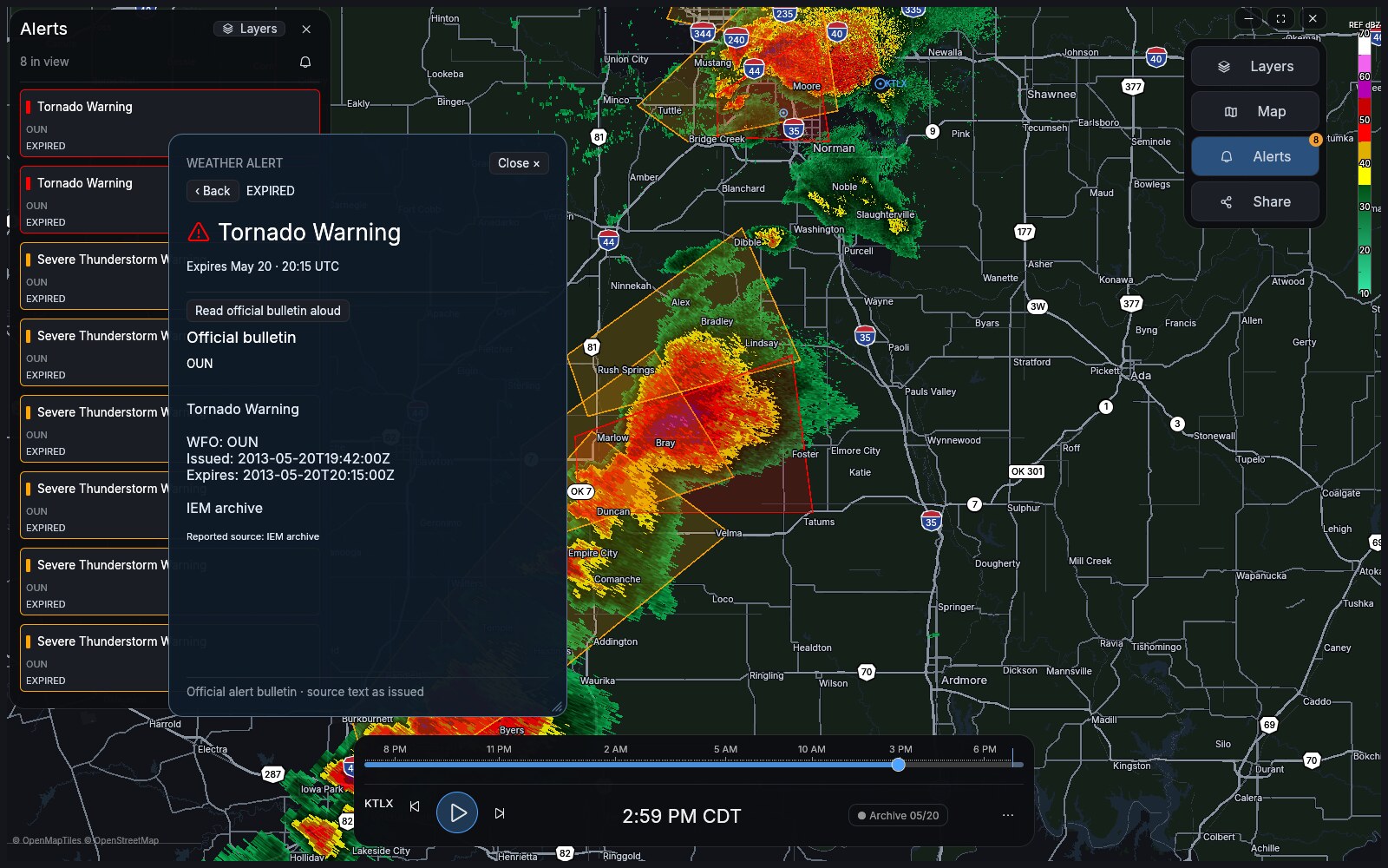 Emergency-severity tornado warning highlighted over archived radar
