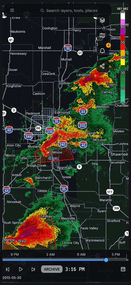 HookEcho mobile browser replaying the Moore, Oklahoma tornado of 20 May 2013