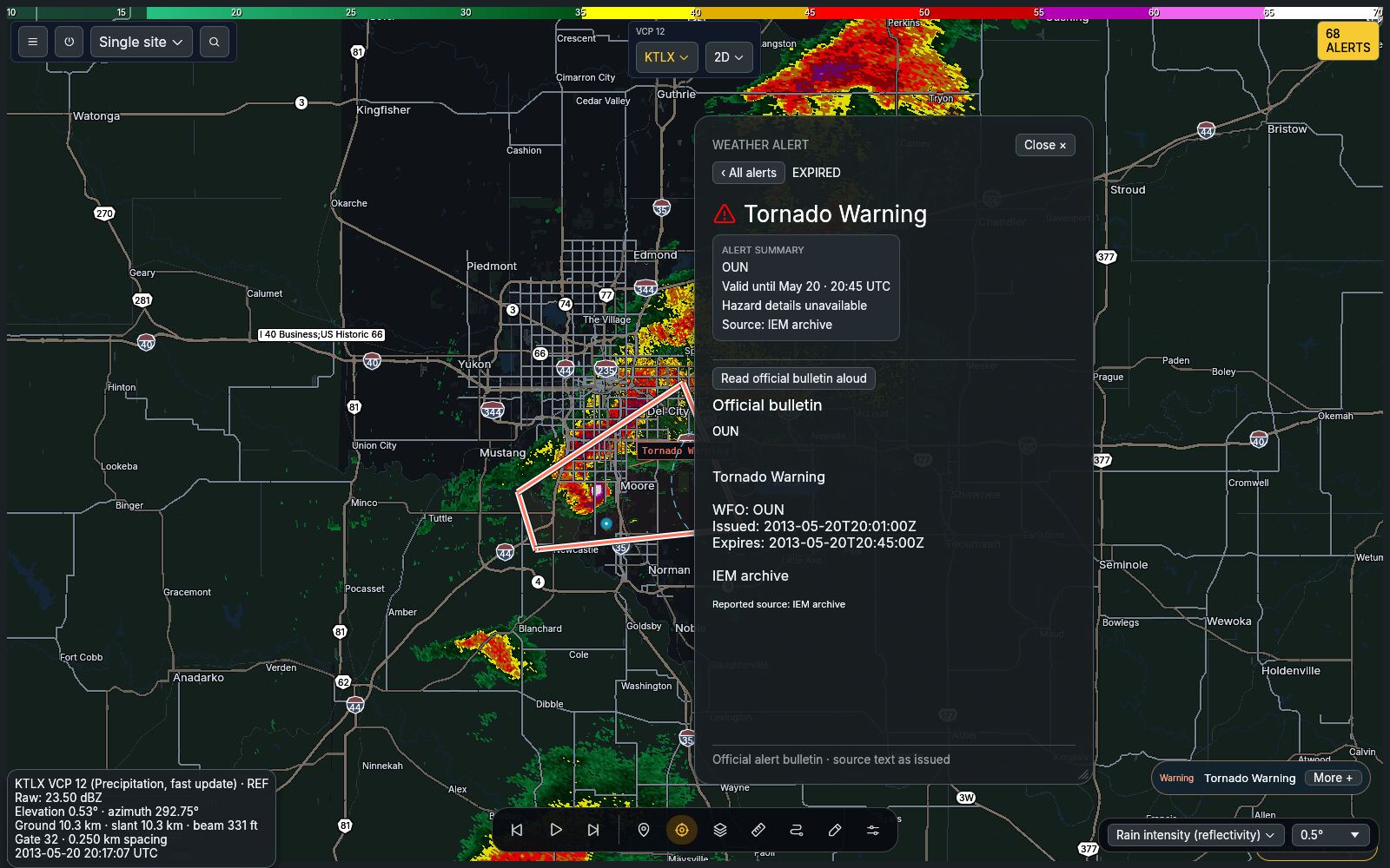 An archived tornado warning over the Moore storm