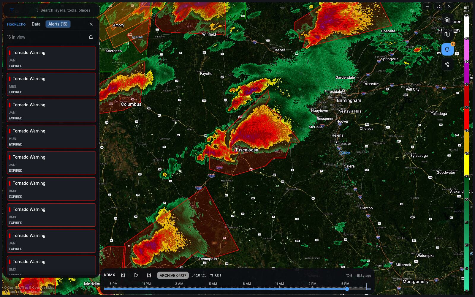 Warning polygons, storm reports and spotter positions drawn over the map