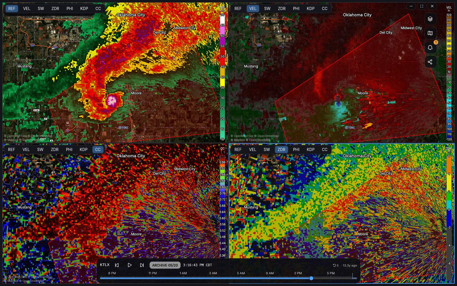 Four elevation angles of the same storm shown side by side