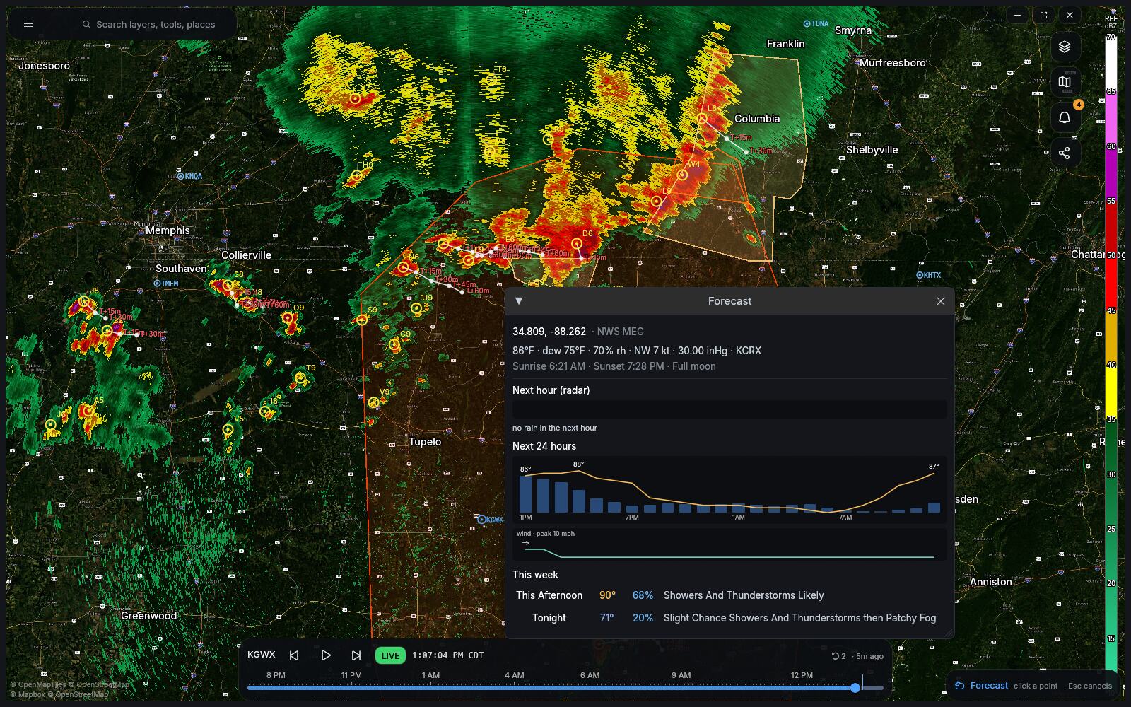 A point forecast panel opened by clicking a location on the map