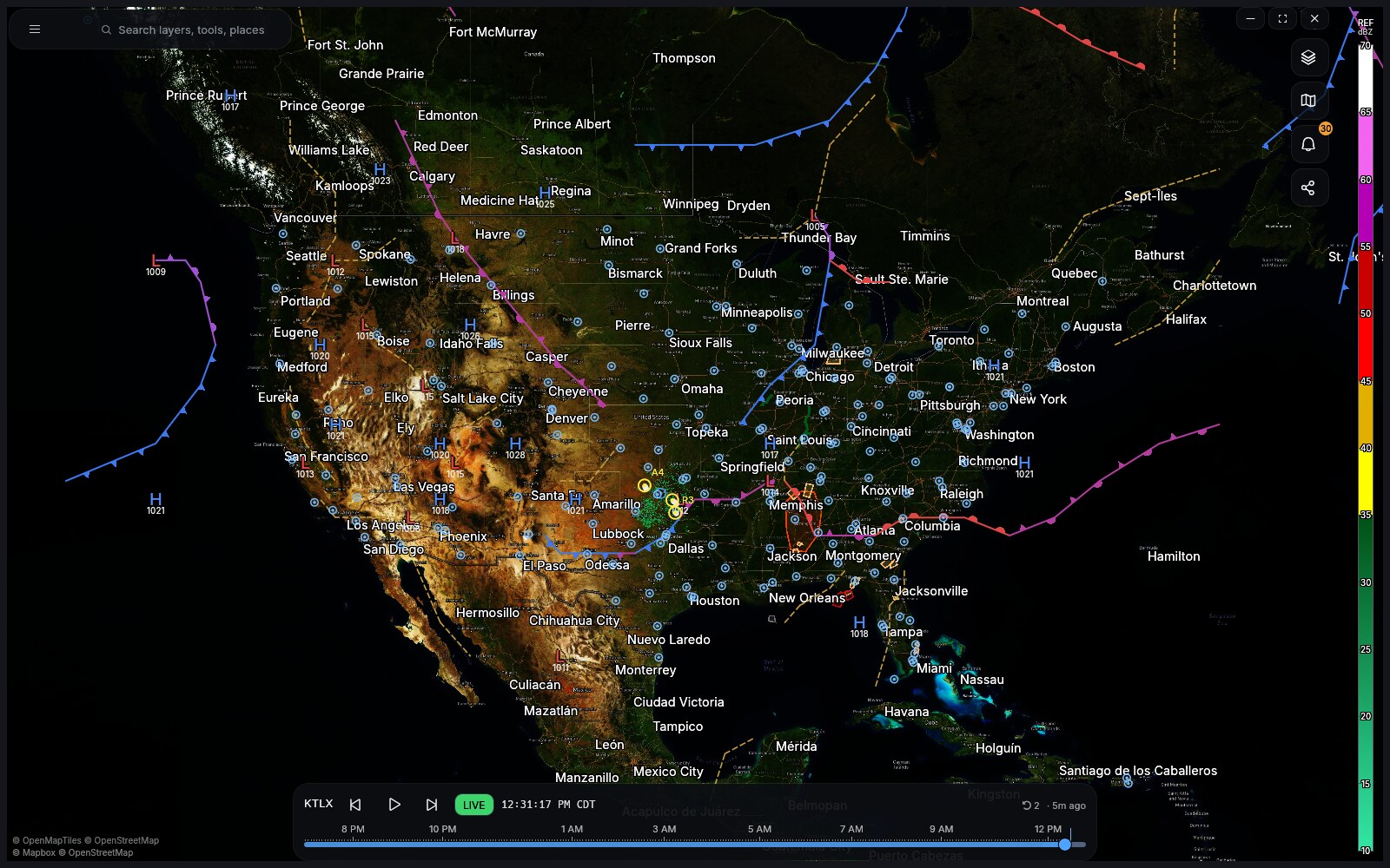 Surface analysis fronts and pressure centers drawn over the map