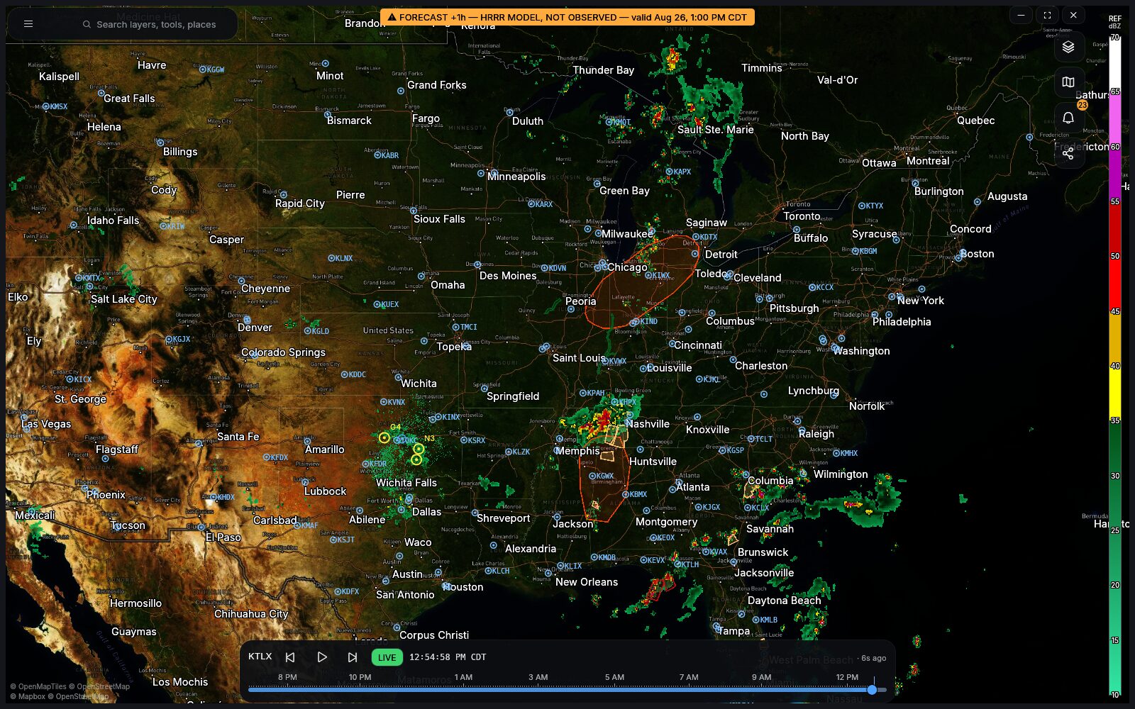 HRRR model fields over the map alongside severe composite parameters
