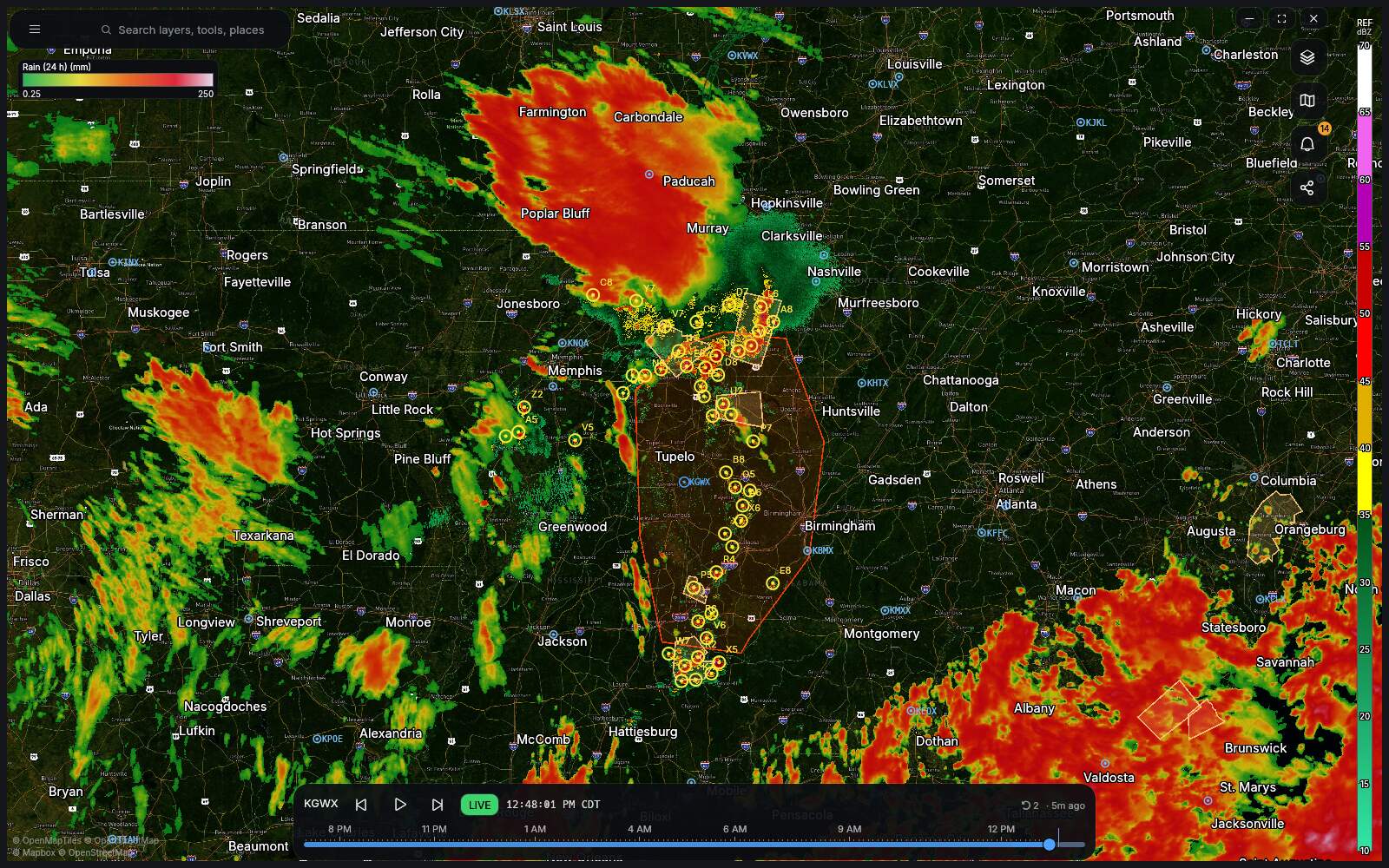 Multi-hour precipitation accumulation shaded across a region