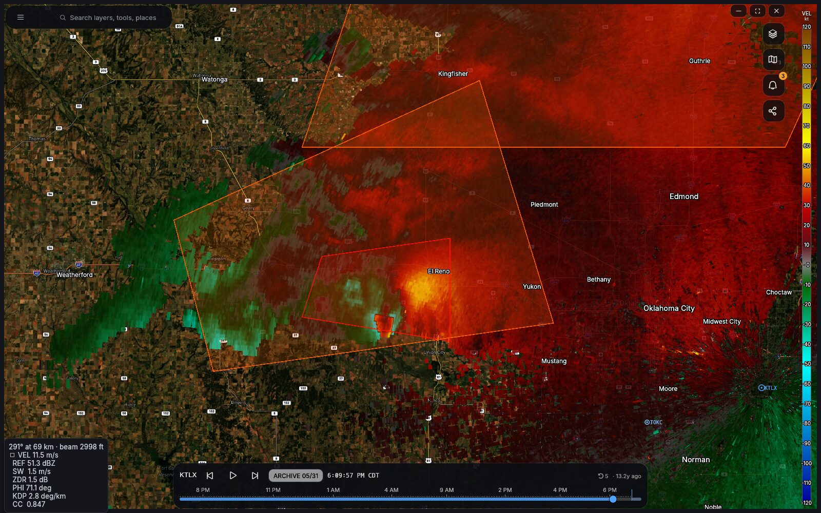 Storm-relative velocity showing a tight rotation couplet in a supercell
