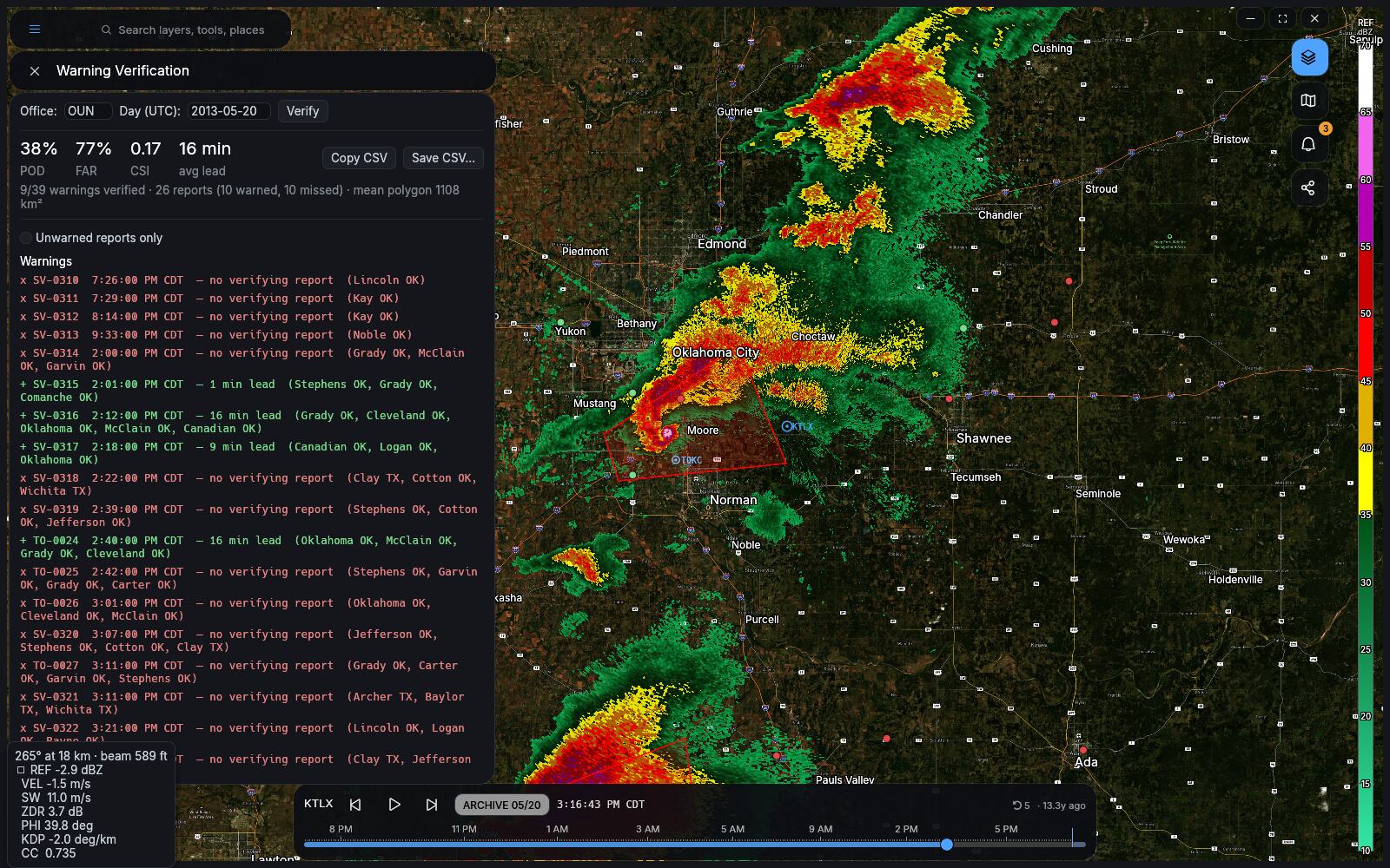 Archive playback with historical warnings and reports replayed alongside the radar