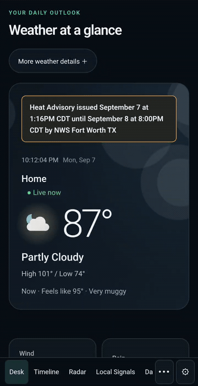 StormDesk conditions and rain history recorded on an Android phone