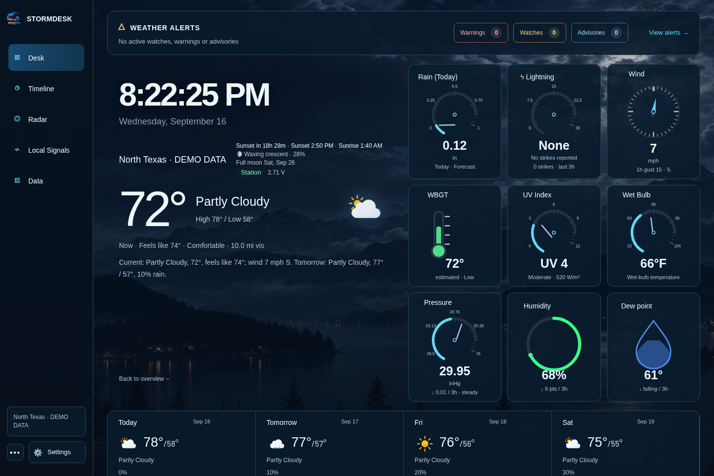 StormDesk showing current conditions and the local forecast