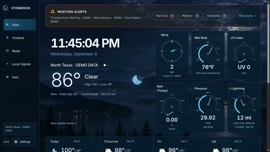 A tour of the redesigned StormDesk dashboard, timeline, local weather, history and radar