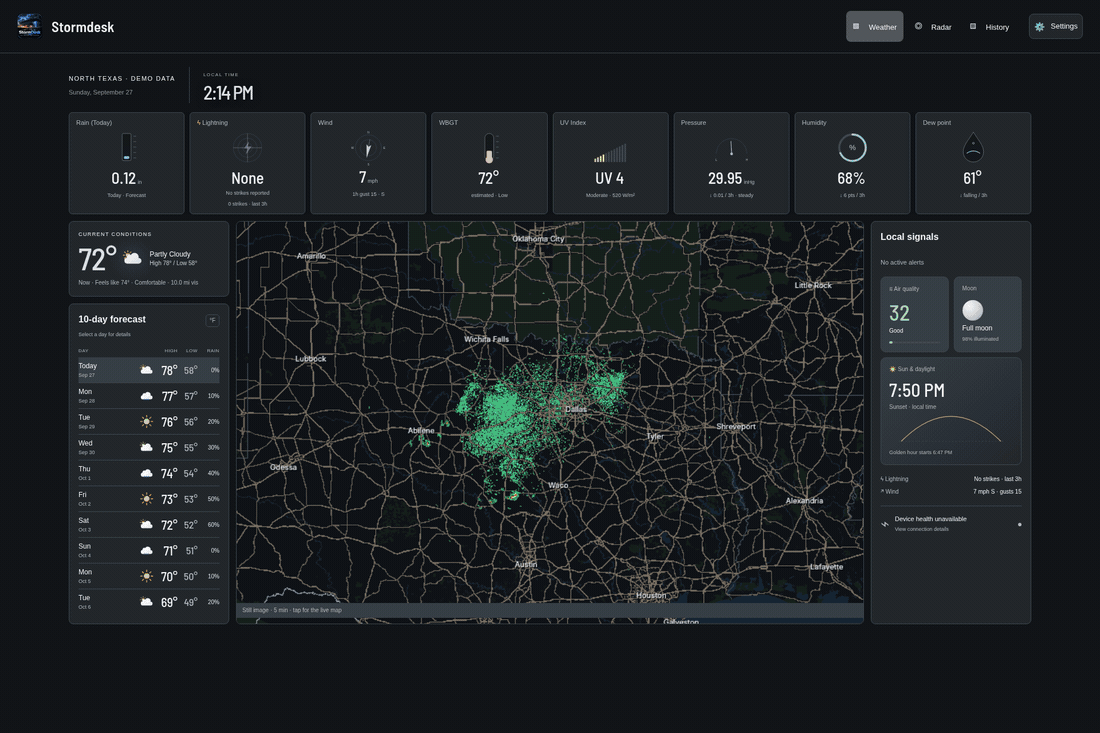 A demo-data tour of StormDesk’s Observatory dashboard, HookEcho radar, History, and theme settings