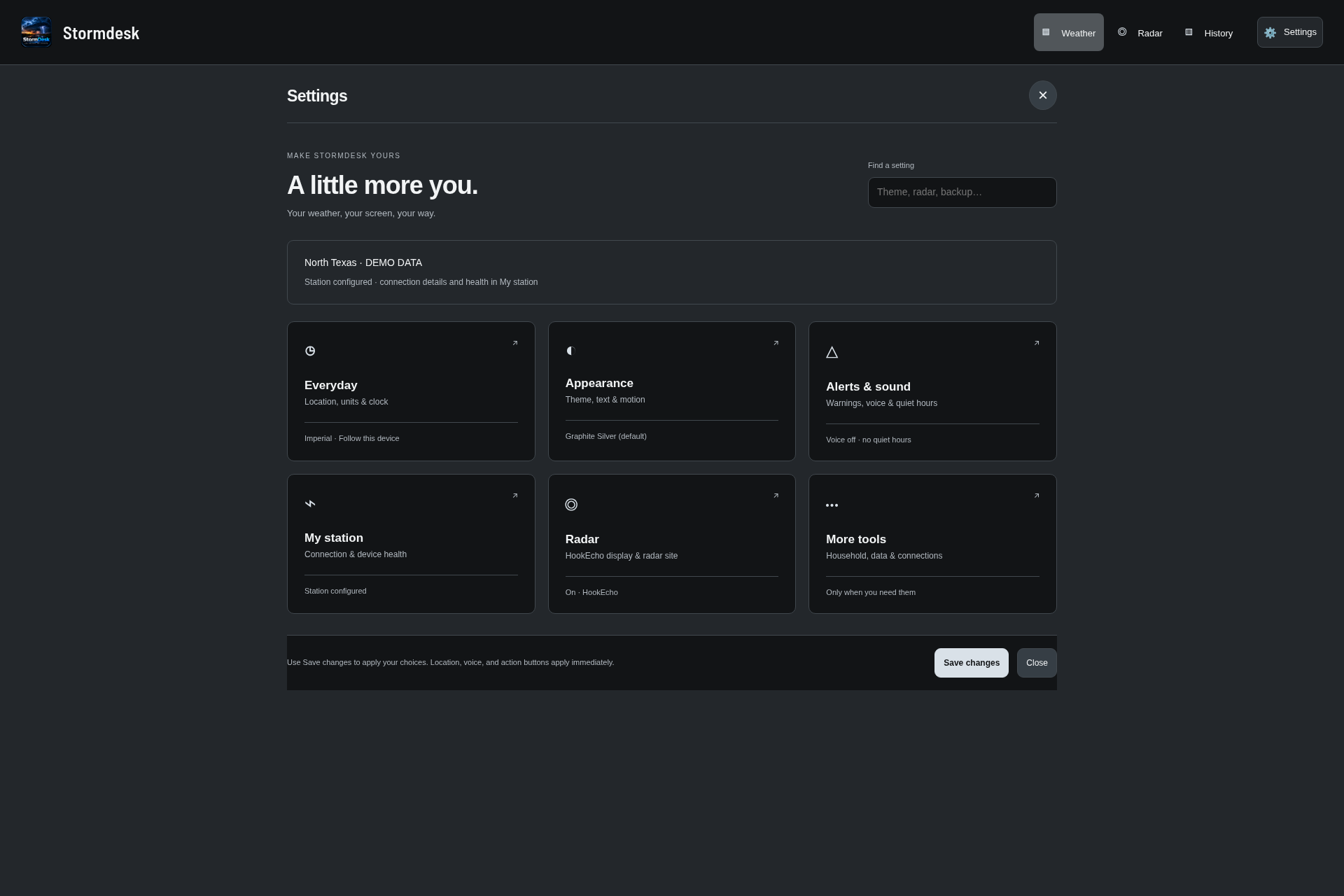 Settings home with six clear categories
