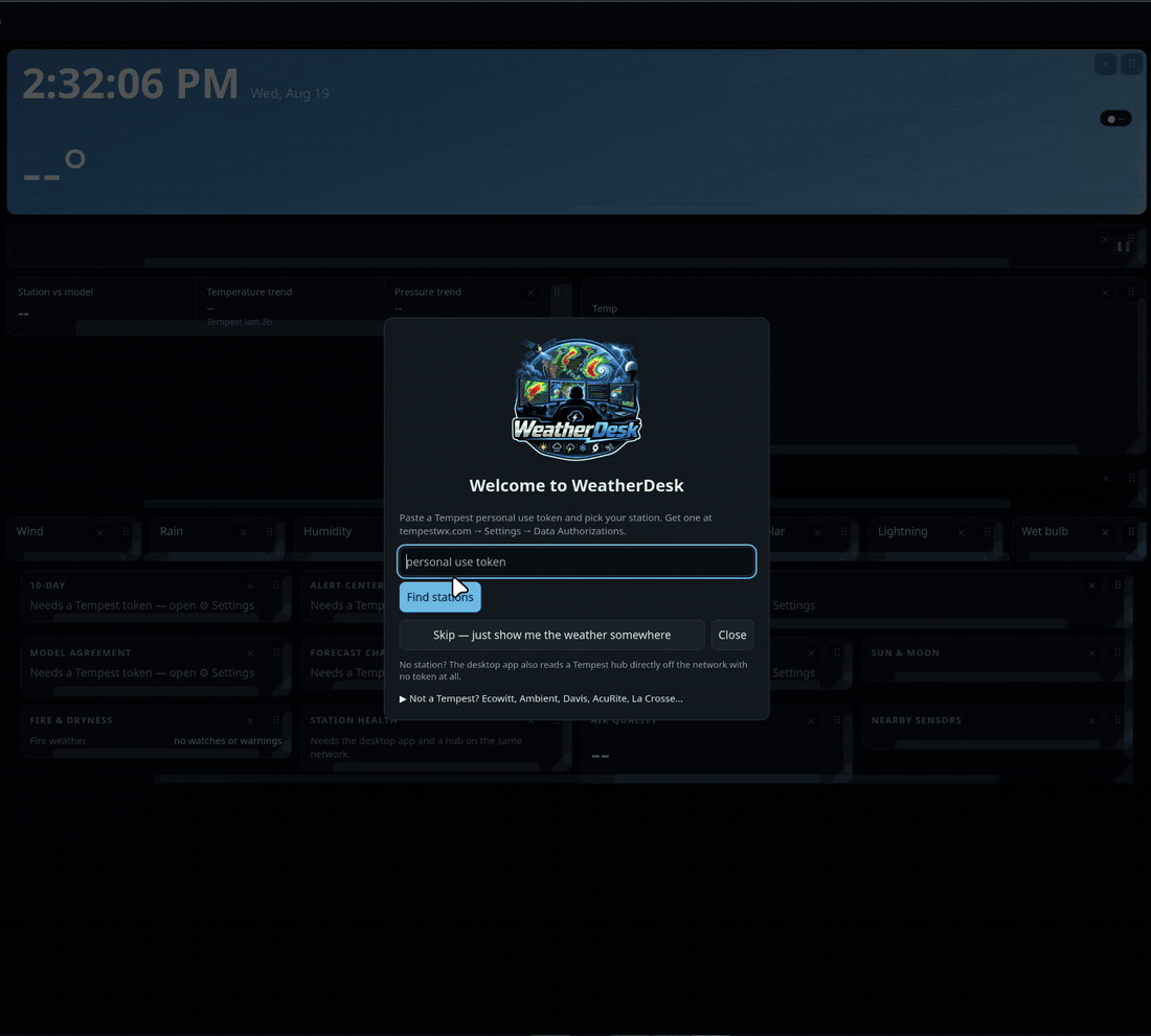 A walkthrough: pasting a station token into the first-run wizard, the dashboard filling in with live temperature, day cards and dial gauges, a warning polygon with its text, then the radar zoomed on a storm cell
