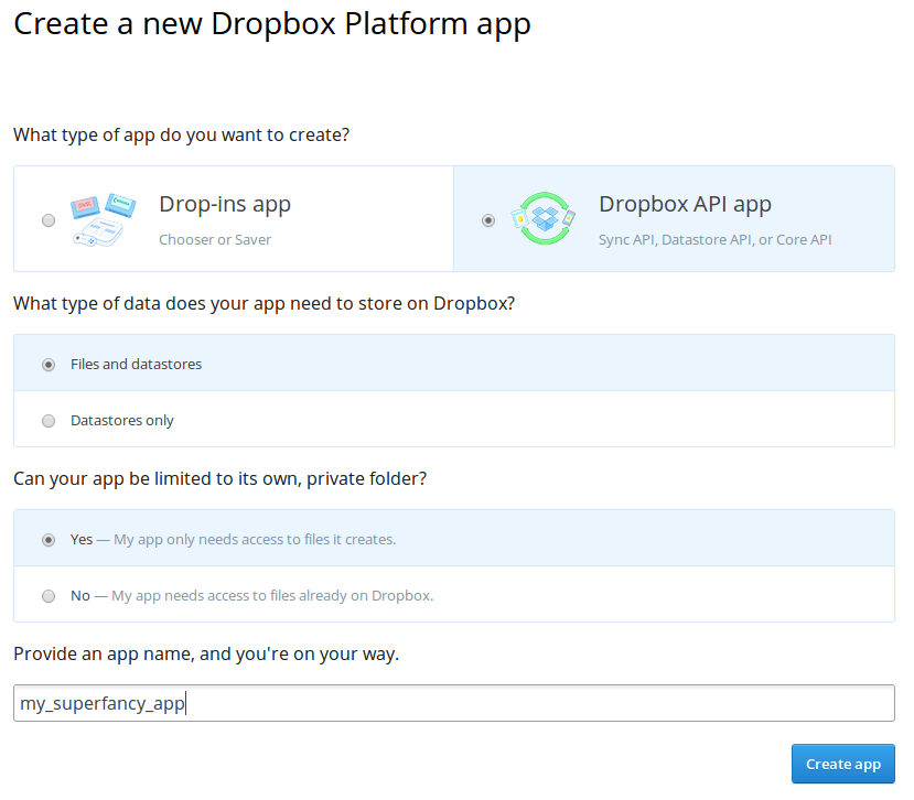 Dropbox app creation