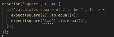 Screenshot of the source code of helpers.test.ts in Microsoft's Visual Studio Code editor, clearly showing an error signal on line 3, where the function square is called with a string as the argument