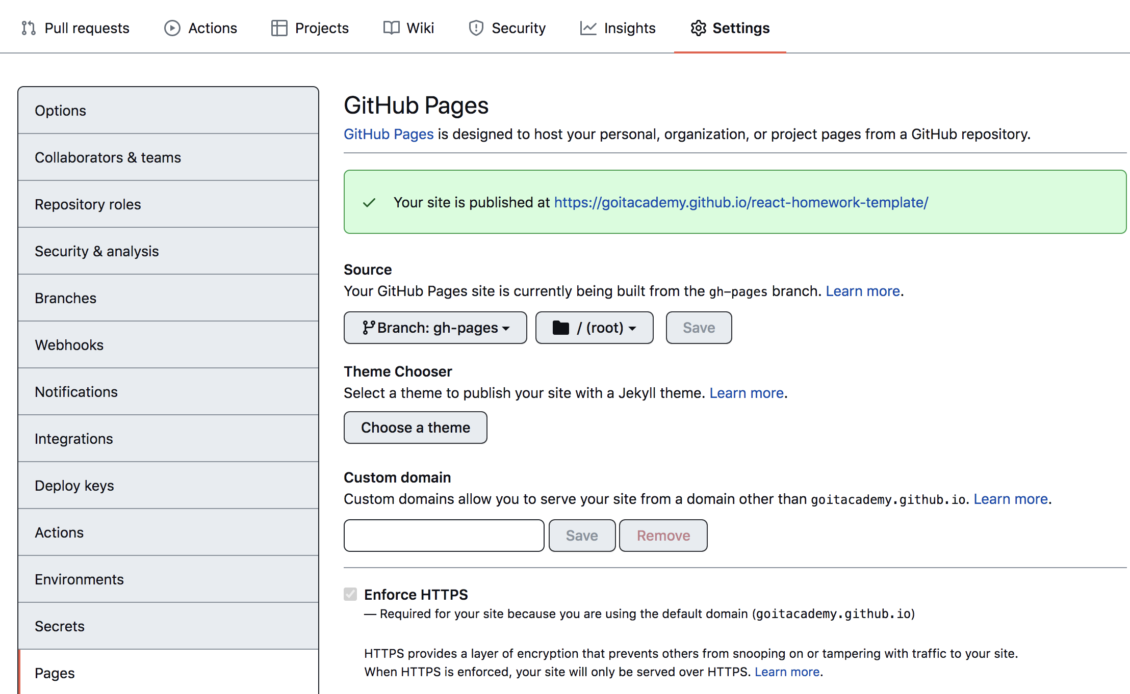 GitHub Pages settings